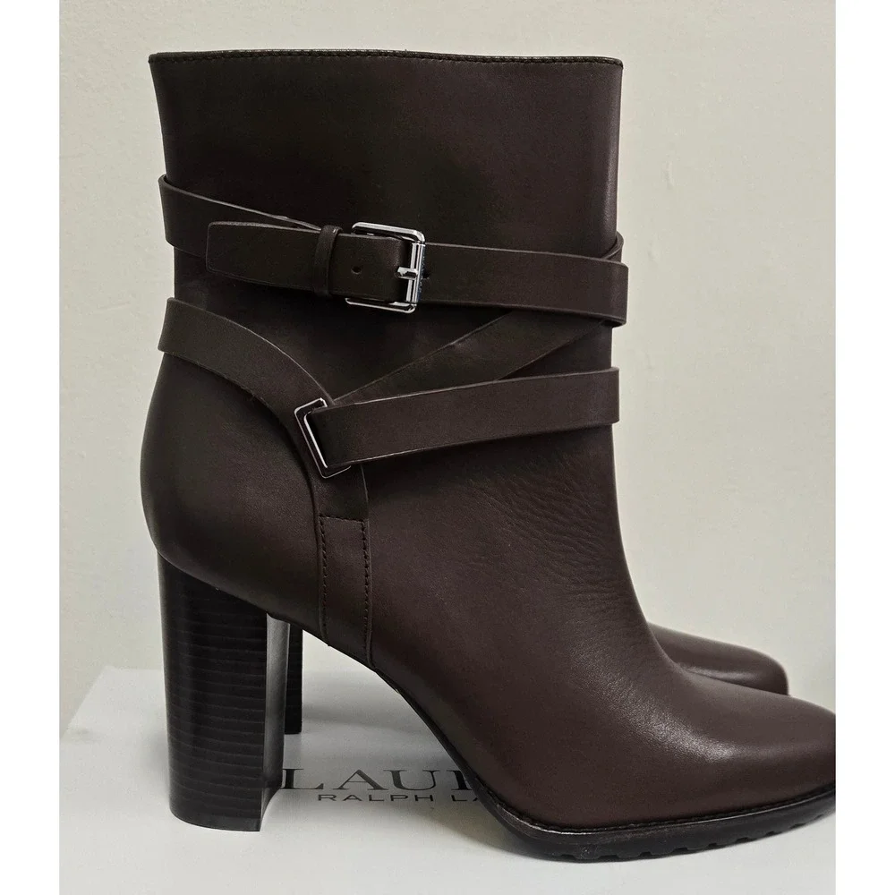 Lauren Ralph Lauren Collins Leather Ankle Boots Dark Brown Block Heel US 10 B